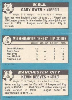 1981-82 Topps Footballer #113 / 165 / 60 Gary Owen / John Richards / Kevin Reeves Back