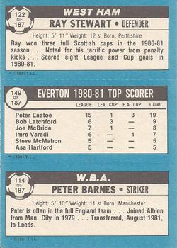 1981-82 Topps Footballer #122 / 149 / 114 Ray Stewart / Peter Eastoe / Peter Barnes Back
