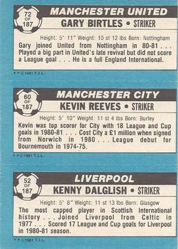 1981-82 Topps Footballer #72 / 60 / 52 Garry Birtles / Kevin Reeves / Kenny Dalglish Back