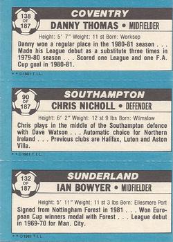 1981-82 Topps Footballer #138 / 90 / 132 Danny Thomas / Chris Nicholl / Ian Bowyer Back