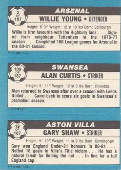 1981-82 Topps Footballer #2 / 109 / 19 Willie Young / Alan Curtis / Gary Shaw Back