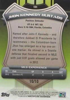 2013 Topps MLS - Black #191 Jhon Kennedy Hurtado Back