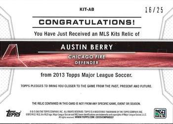 2013 Topps MLS - Relics Red #KIT-AB Austin Berry Back