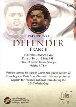 2011 Futera UNIQUE World Football #026 Patrice Evra Back