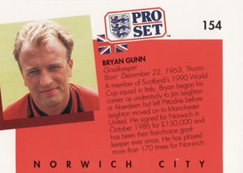 1990-91 Pro Set #154 Bryan Gunn Back