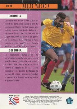 1994 Upper Deck World Cup Contenders English/Italian - UD Set #UD28 Adolfo Valencia Back