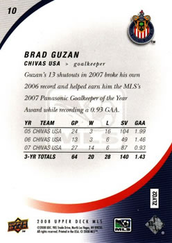 2008 Upper Deck MLS #10 Brad Guzan Back