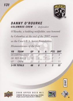 2008 Upper Deck MLS #131 Danny O'Rourke Back