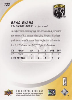2008 Upper Deck MLS #133 Brad Evans Back