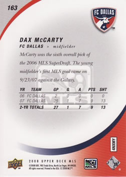 2008 Upper Deck MLS #163 Dax McCarty Back