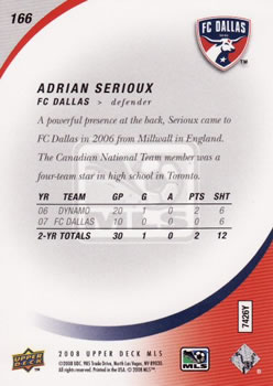 2008 Upper Deck MLS #166 Adrian Serioux Back
