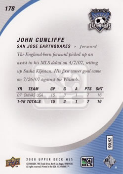 2008 Upper Deck MLS #178 John Cunliffe Back