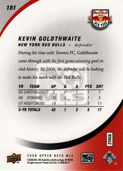 2008 Upper Deck MLS #181 Kevin Goldthwaite Back
