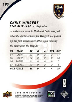 2008 Upper Deck MLS #196 Chris Wingert Back