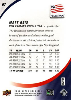 2008 Upper Deck MLS #67 Matt Reis Back