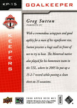 2008 Upper Deck MLS - Keepers #KP-15 Greg Sutton Back
