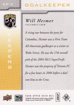 2008 Upper Deck MLS - Keepers #KP-3 Will Hesmer Back