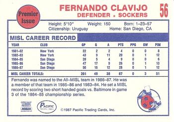 1987-88 Pacific MISL #56 Fernando Clavijo Back