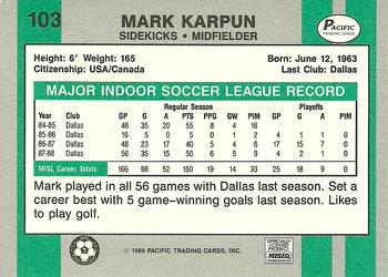 1988-89 Pacific MISL #103 Mark Karpun Back