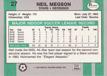 1988-89 Pacific MISL #27 Neil Megson Back