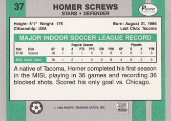 1988-89 Pacific MISL #37 Homer Screws Back