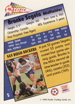 1991-92 Pacific MSL #5 Branko Segota Back