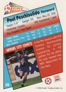 1991-92 Pacific MSL #98 Paul Peschisolido Back