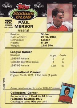 1992 Stadium Club #125 Paul Merson Back