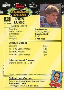 1992 Stadium Club #40 John Lukic Back