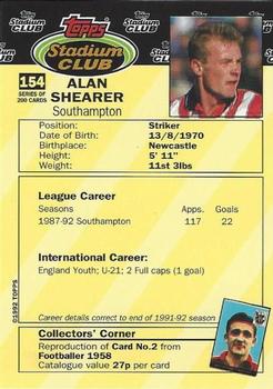 1992 Stadium Club #154 Alan Shearer Back