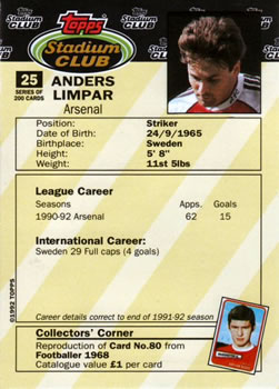 1992 Stadium Club #25 Anders Limpar Back
