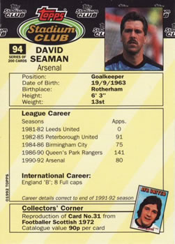 1992 Stadium Club #94 David Seaman Back
