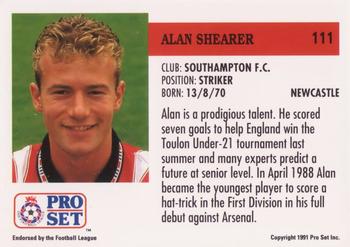 1991-92 Pro Set (England) #111 Alan Shearer Back