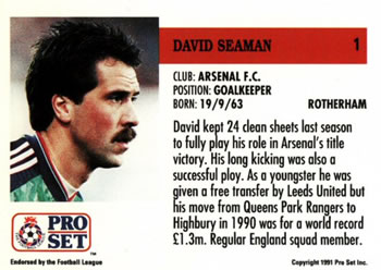 1991-92 Pro Set (England) #1 David Seaman Back