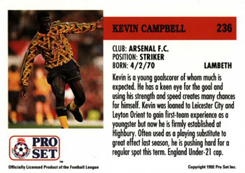 1991-92 Pro Set (England) #236 Kevin Campbell  Back
