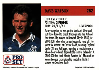 1991-92 Pro Set (England) #262 Dave Watson  Back