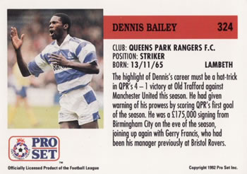 1991-92 Pro Set (England) #324 Dennis Bailey  Back