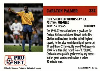 1991-92 Pro Set (England) #332 Carlton Palmer  Back