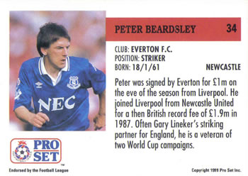 1991-92 Pro Set (England) #34 Peter Beardsley Back