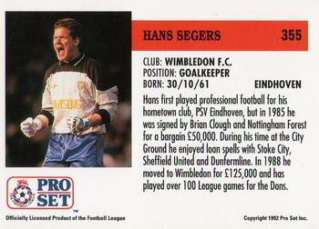 1991-92 Pro Set (England) #355 Hans Segers  Back