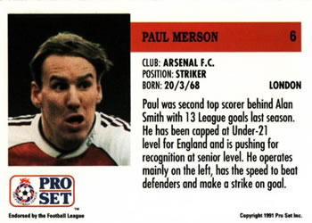 1991-92 Pro Set (England) #6 Paul Merson Back