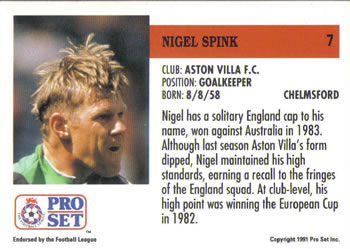 1991-92 Pro Set (England) #7 Nigel Spink Back
