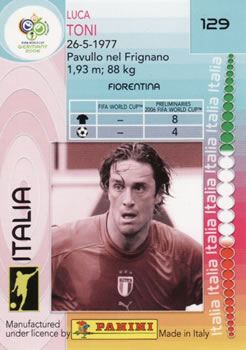 2006 Panini World Cup #129 Luca Toni Back