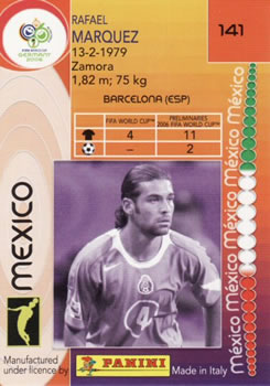 2006 Panini World Cup #141 Rafael Marquez Back