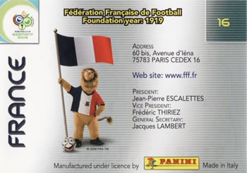 2006 Panini World Cup #16 France Back