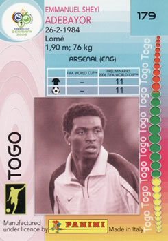 2006 Panini World Cup #179 Emmanuel Adebayor Back