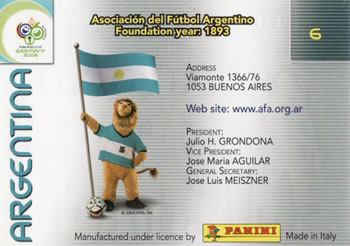 2006 Panini World Cup #6 Argentina Back