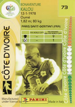 2006 Panini World Cup #73 Bonaventure Kalou Back