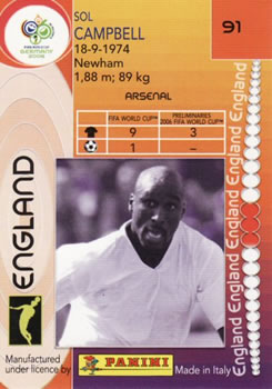 2006 Panini World Cup #91 Sol Campbell Back