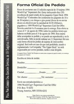 1994 Upper Deck World Cup Contenders English/Spanish #NNO World Cup Superstars Set Offer Back